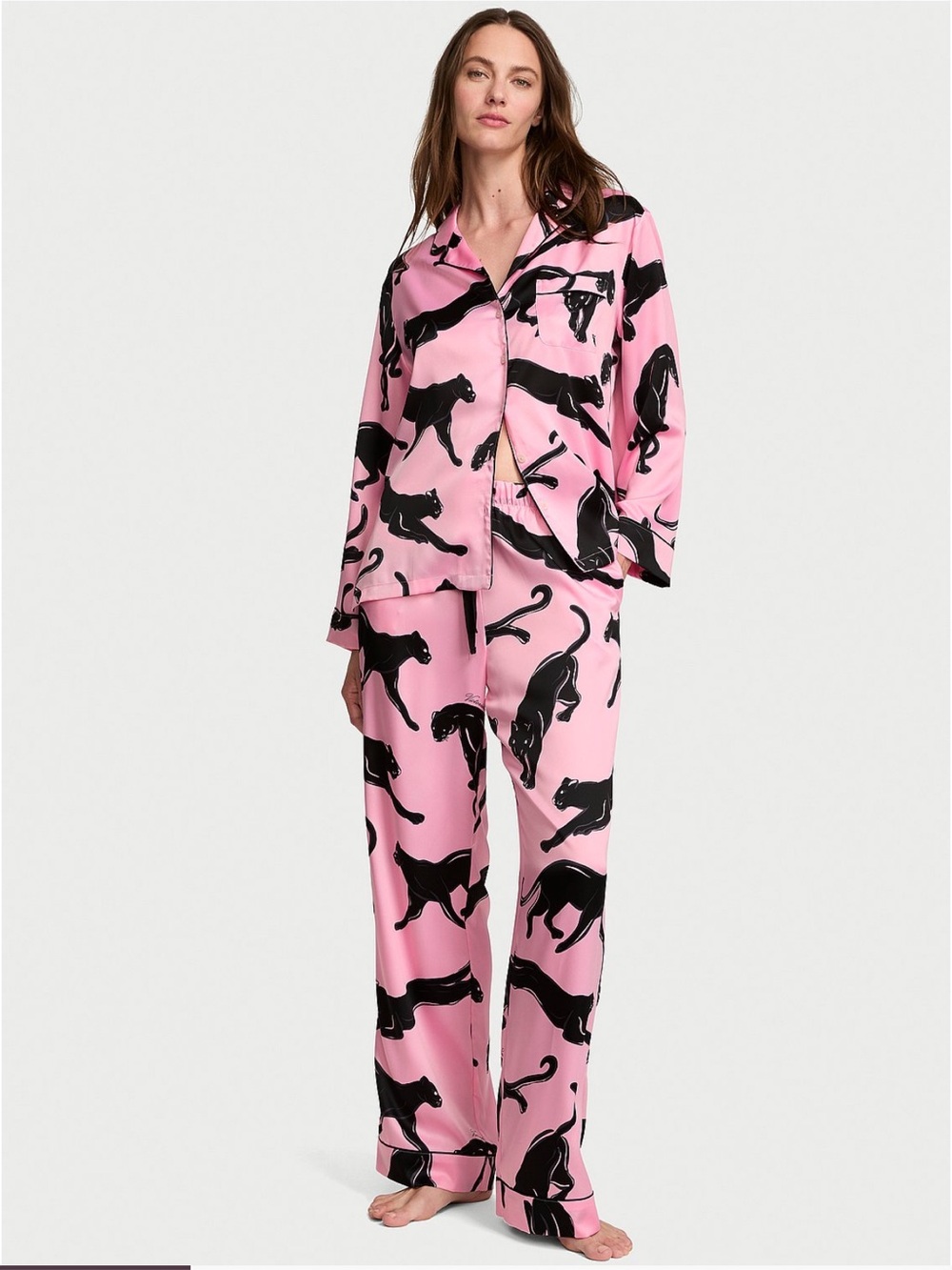 Victoria's Secret Pink with Black Panther Satin Long Pajama Set